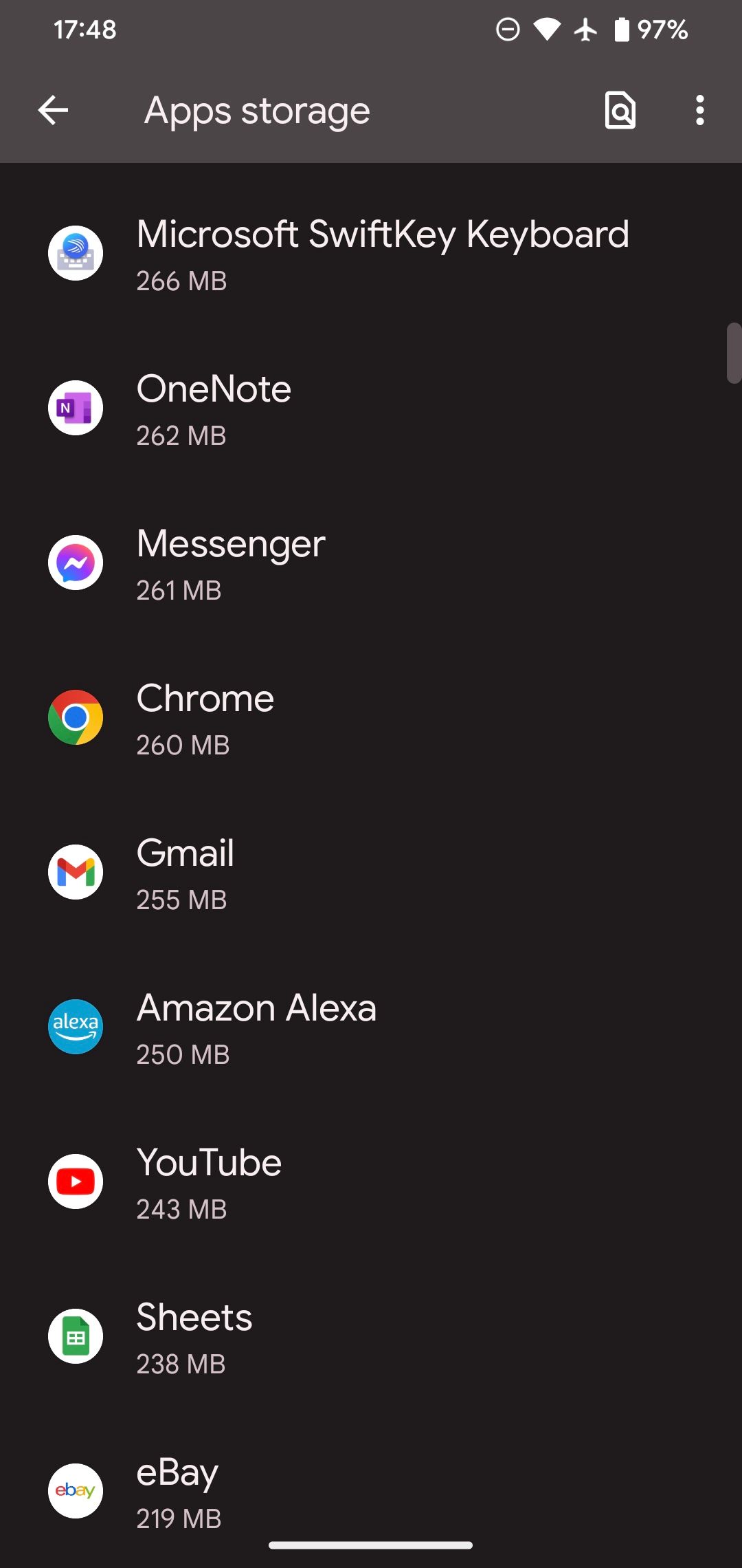 Список приложений в меню памяти Android 13