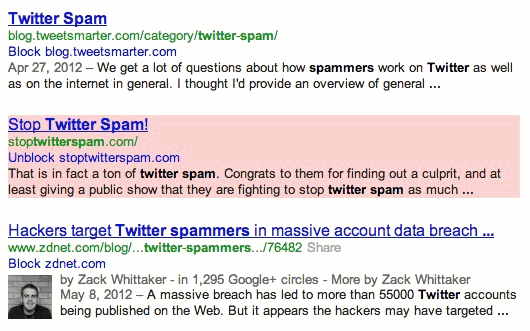 Mostrando temporalmente resultados que han sido ocultados por la extensión en Google.