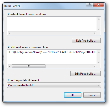 Окно вывода Visual Studio с результатами выполнения скрипта резервного копирования сборки