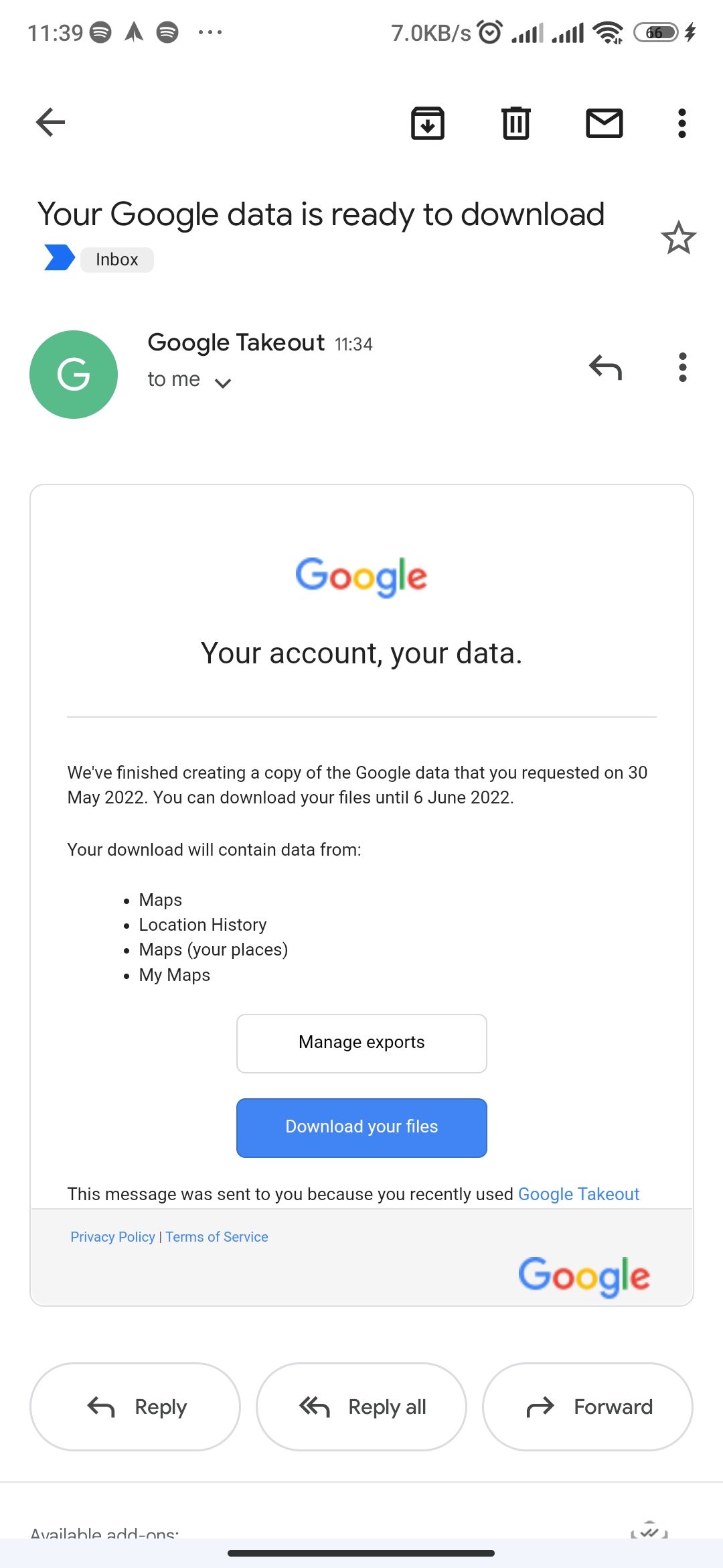Письмо от Google Takeout с ссылкой на скачивание архива