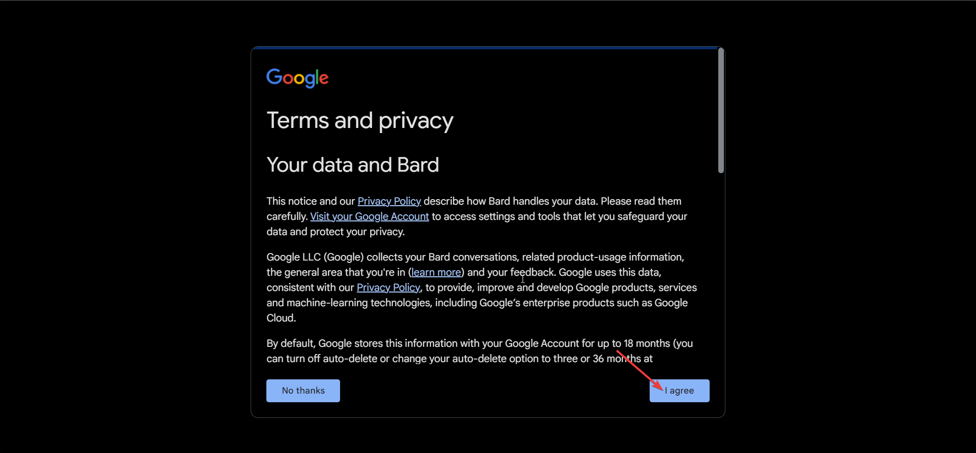 Окно согласия с условиями Bard