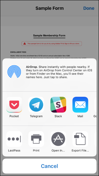 Выбор приложения для совместного использования подписанного документа