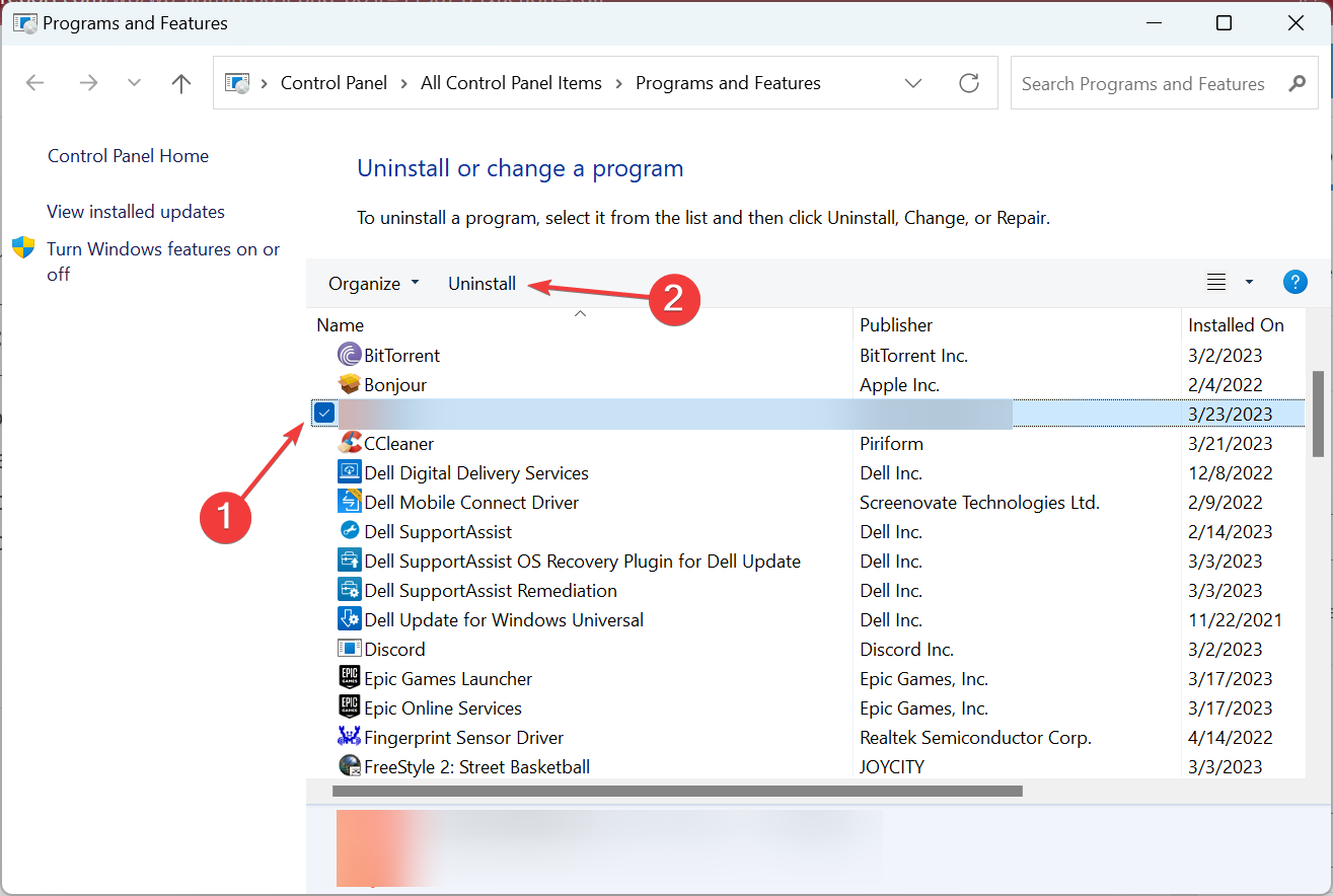 Удаление программы через Панель управления Windows