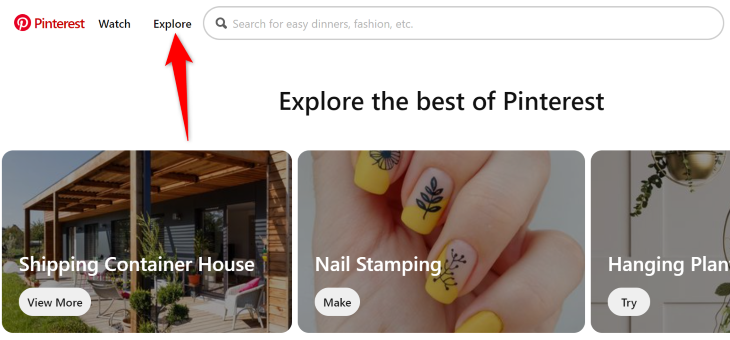 Страница «Explore» Pinterest с рекомендациями