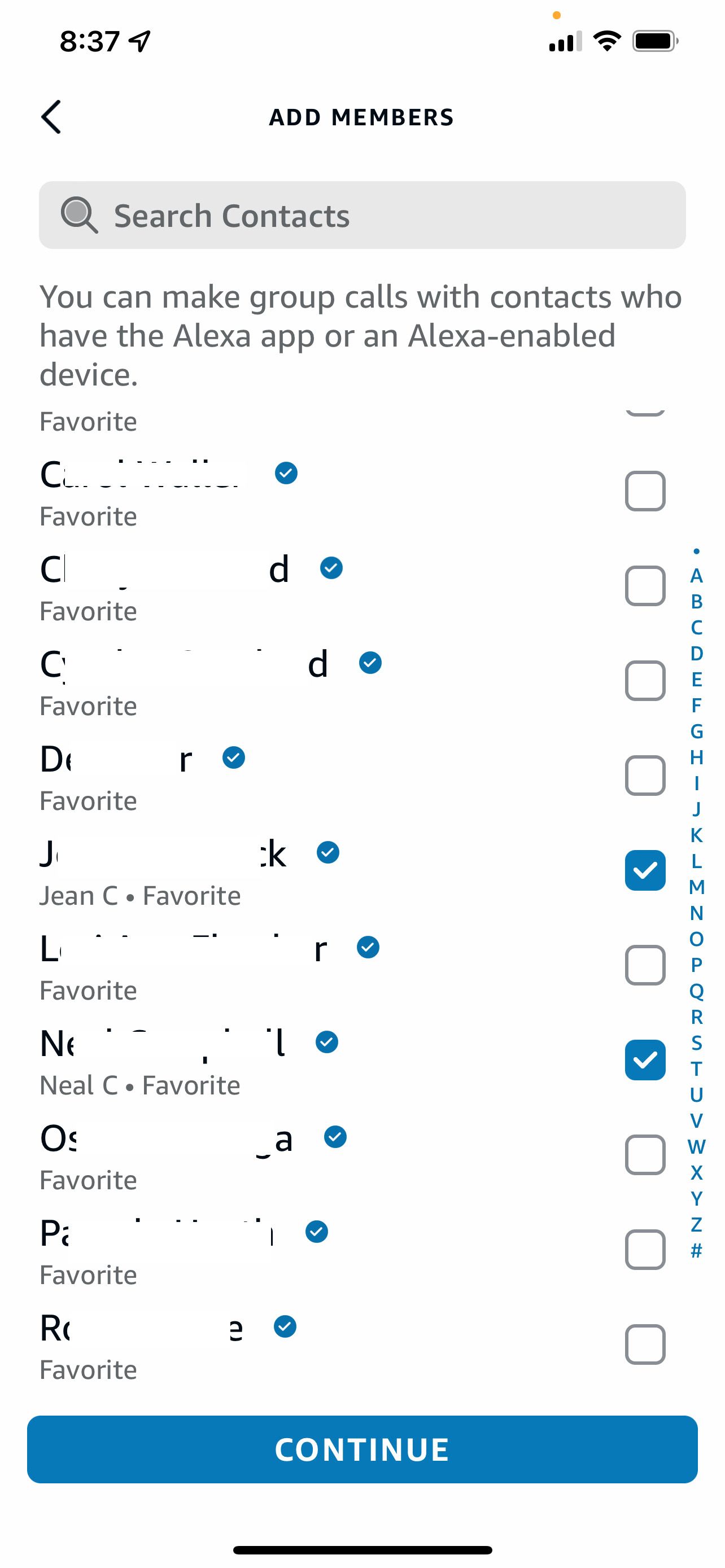 The add members to group screen in the Alexa app