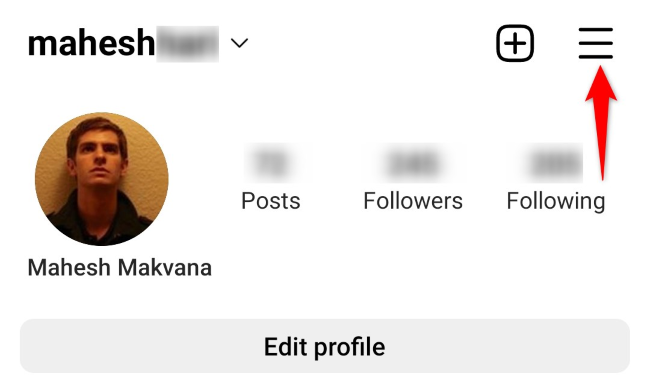 Меню гамбургер в правом верхнем углу приложения Instagram.