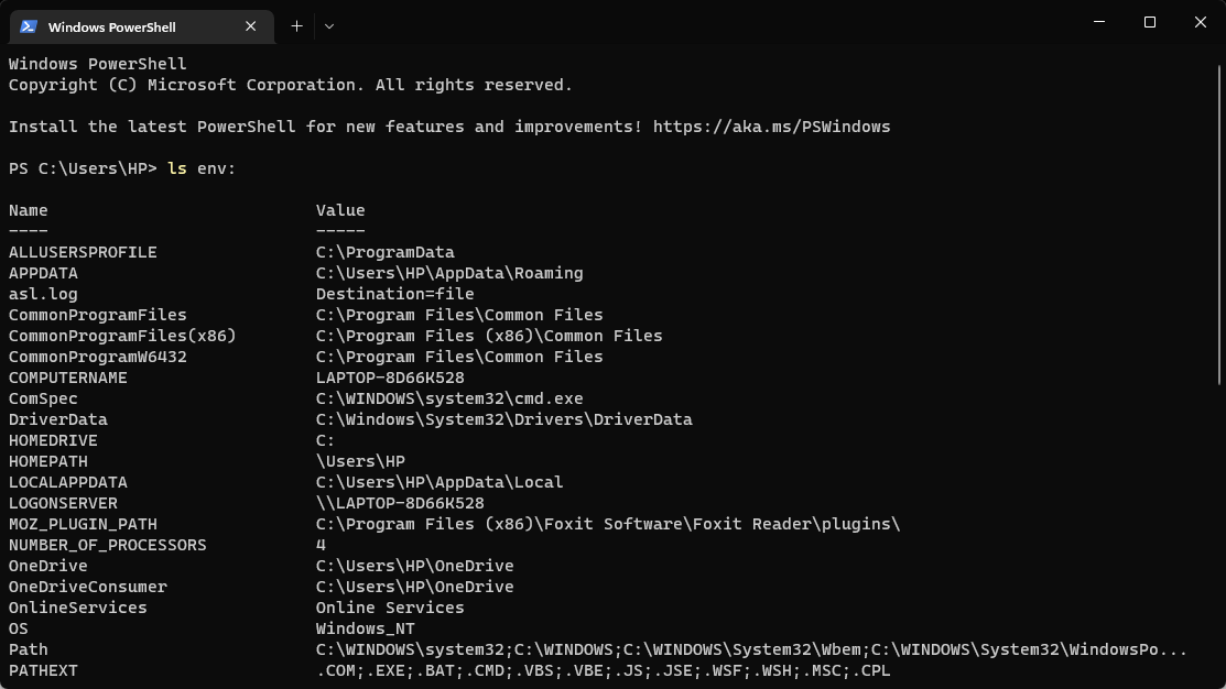 Скриншот: команда ls env в PowerShell