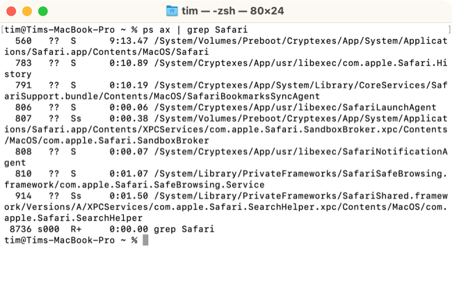 Команда ps ax | grep Safari в Terminal