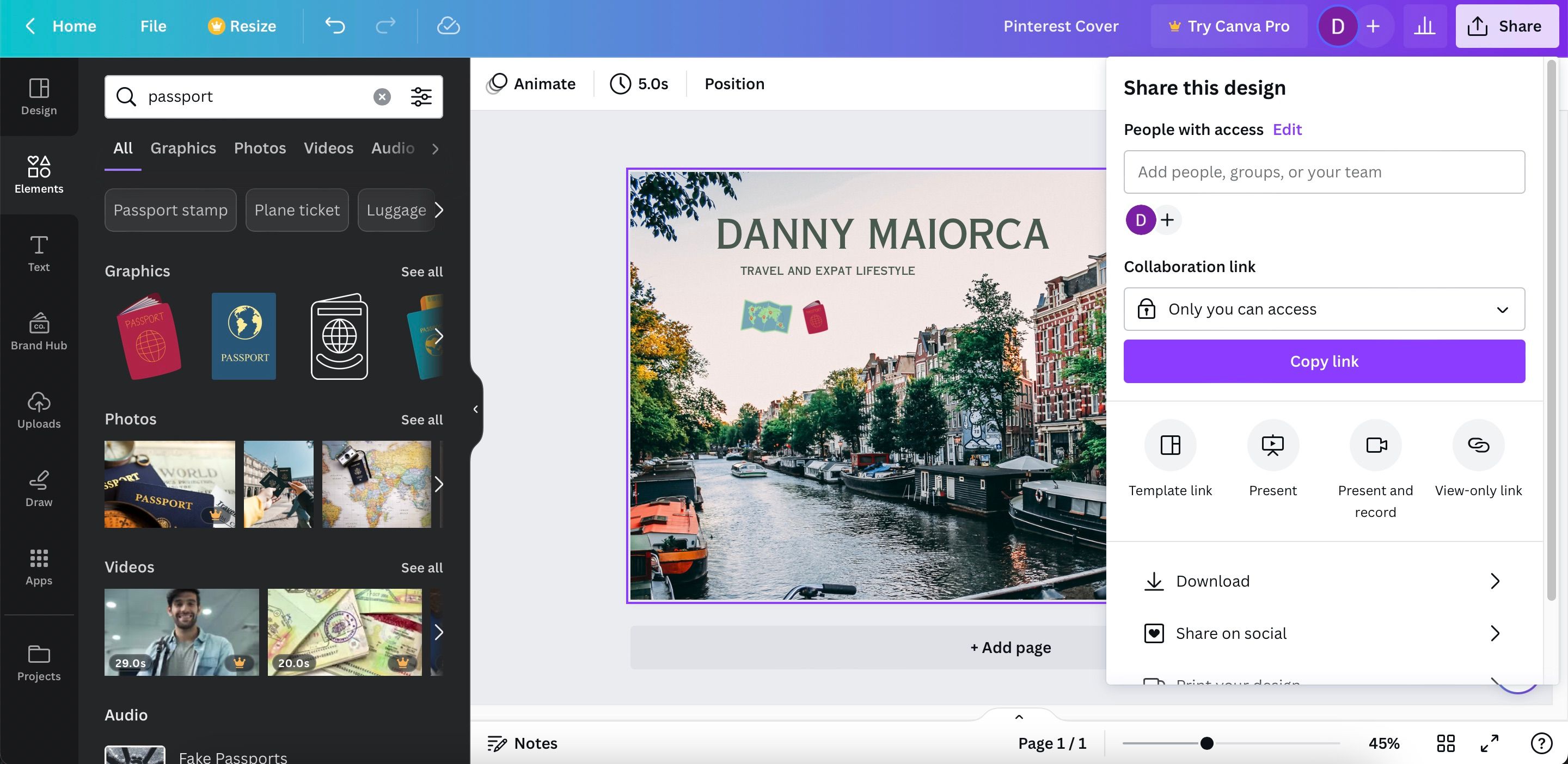 Опции «Поделиться» и «Скачать» в Canva