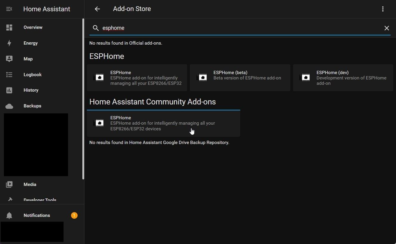 поиск ESPHome в магазине дополнений