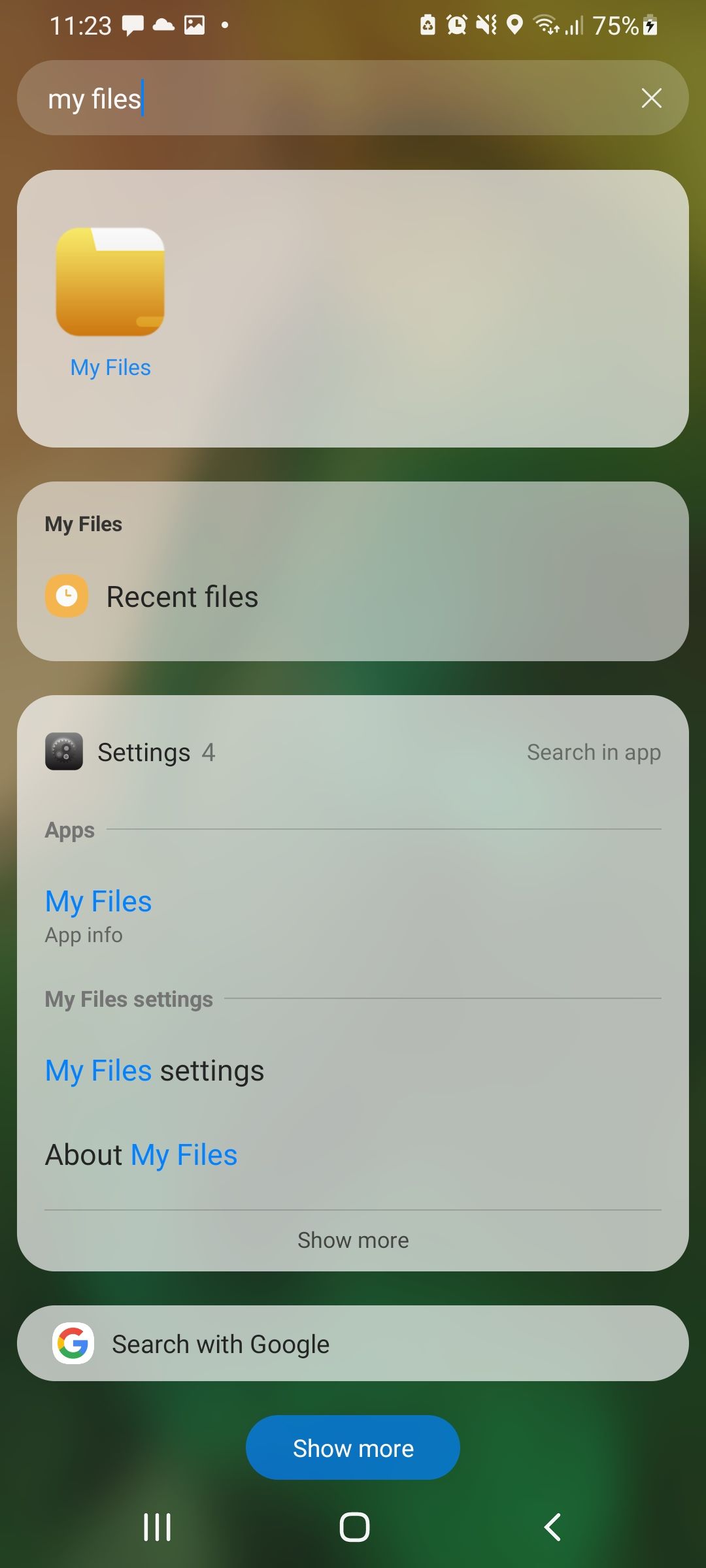 Поиск приложения My Files на Samsung‑устройстве