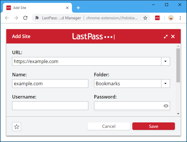 Список сайтов в LastPass с папкой закладок