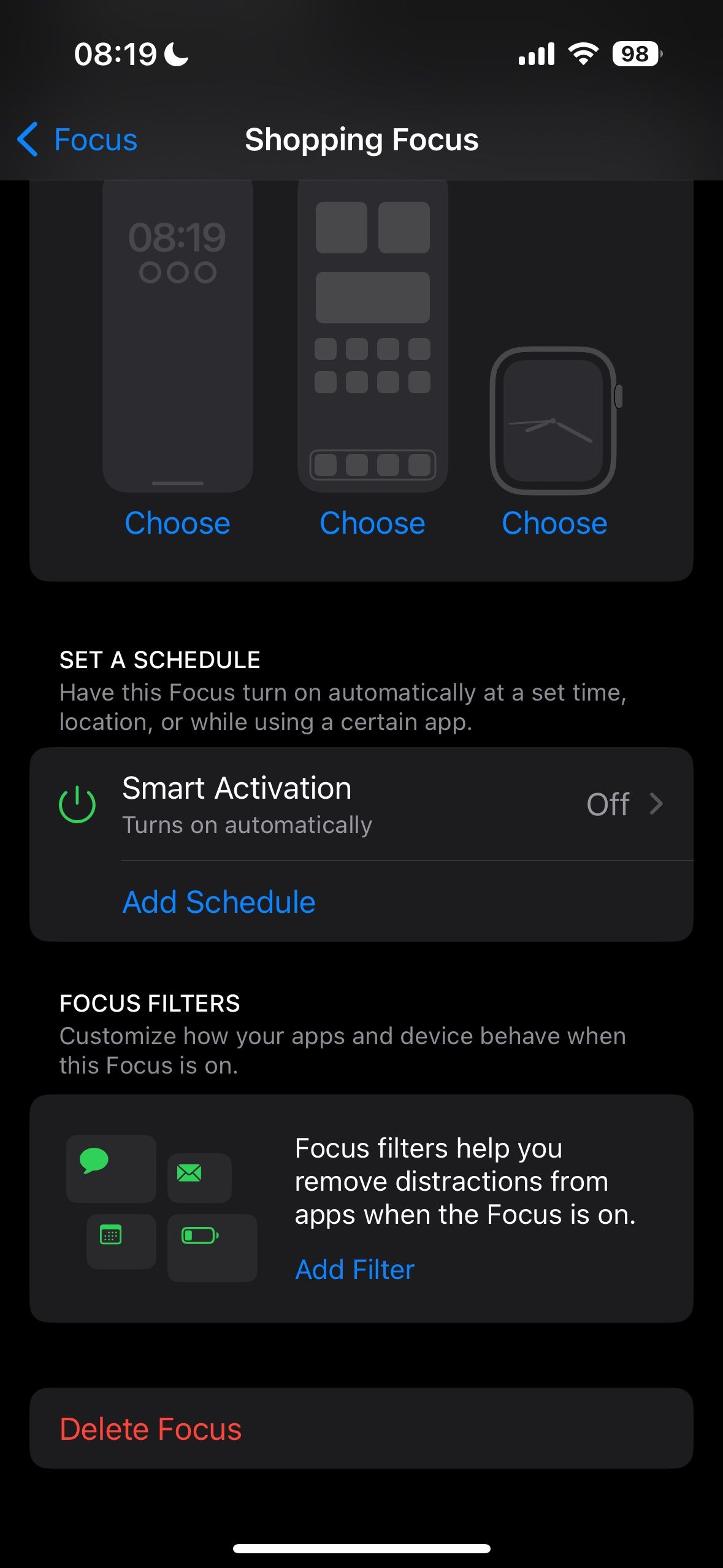 Focus preset customization settings on an iPhone