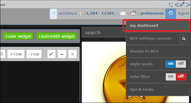 Панель с зелёными кнопками для добавления виджетов в консоли RES