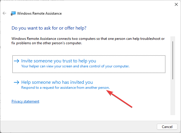 Окно помощи — выбор способа подключения к приглашению