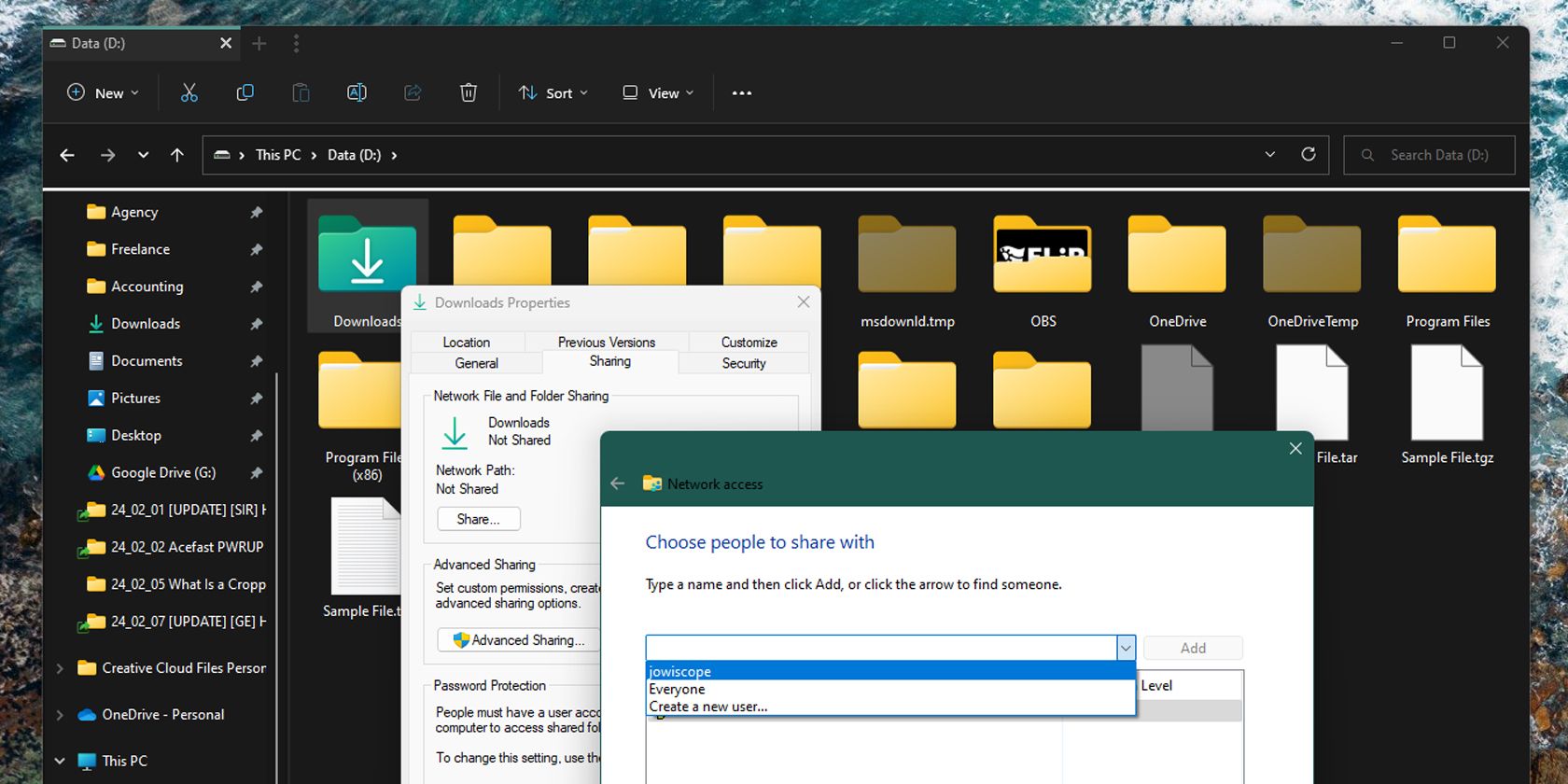 Выбор пользователя для совместного доступа в Windows