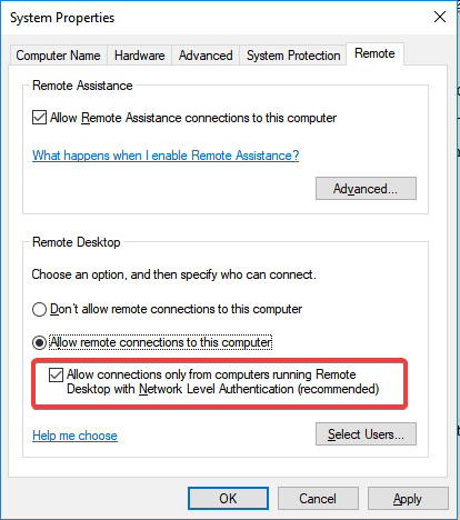 Вкладка Удалённый доступ в свойствах системы
