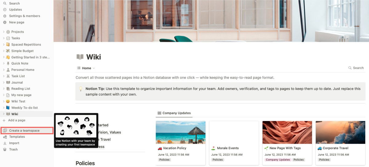 Ссылка Create a Teamspace в Notion