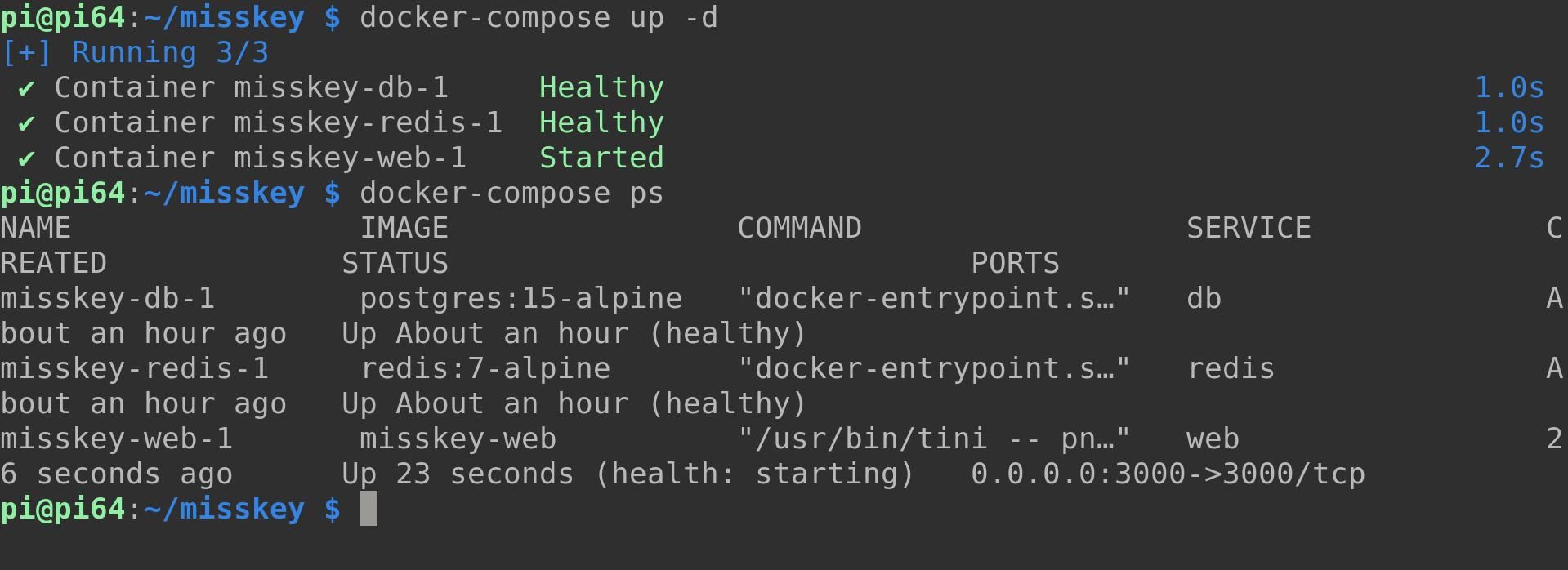 docker-compose ps показывает запуск misskey