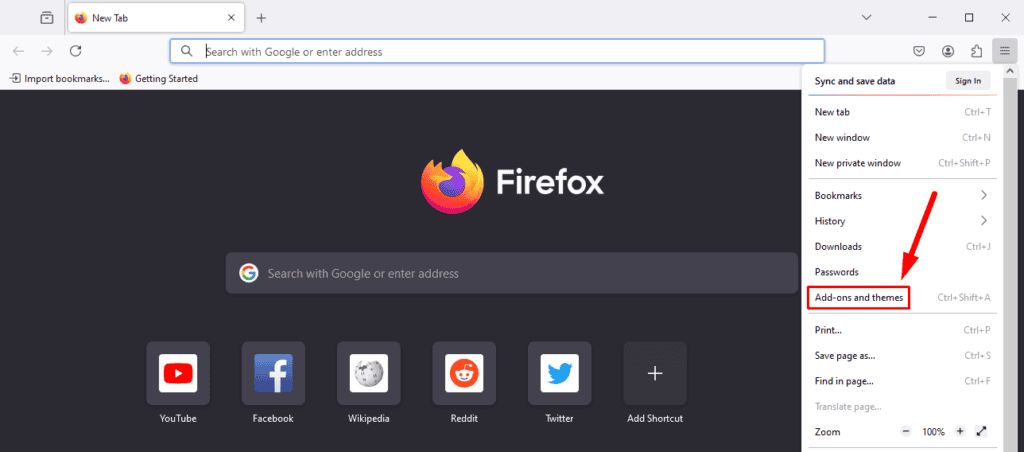 Меню Дополнения и темы в Firefox