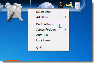 Контекстное меню RocketDock для открытия настроек дока