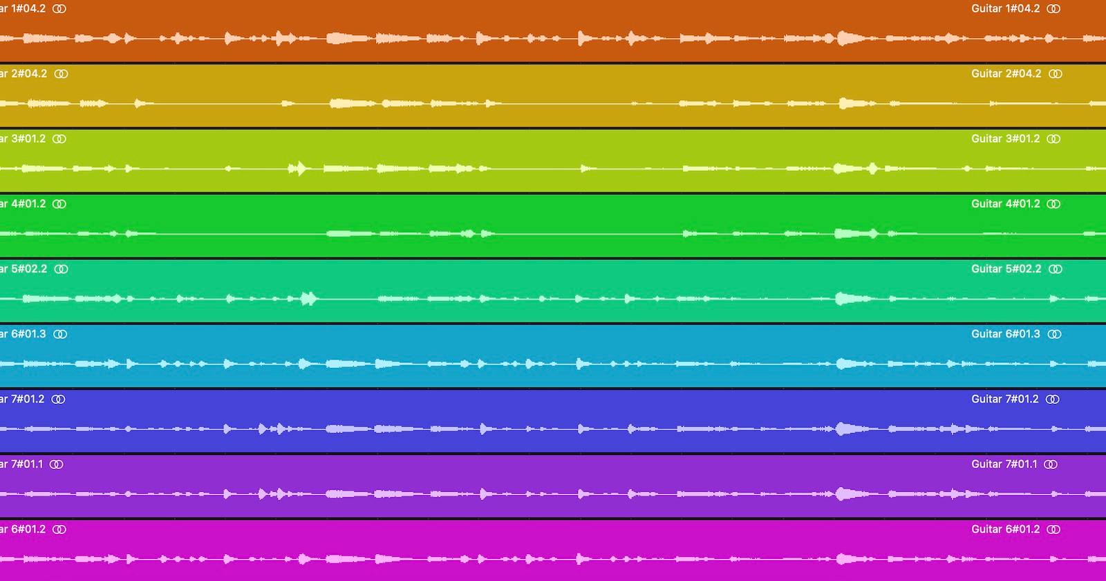 Скриншот с несколькими дорожками в Logic Pro, раскрашенными в виде радужной палитры.
