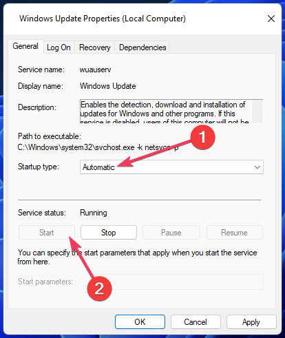 Опция Автоматически для типа запуска службы