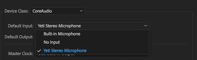 Выбор устройства ввода в Premiere Pro