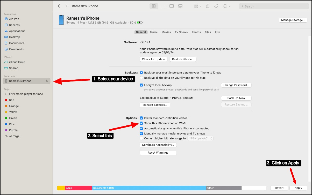 Как включить синхронизацию по Wi‑Fi в Finder на Mac