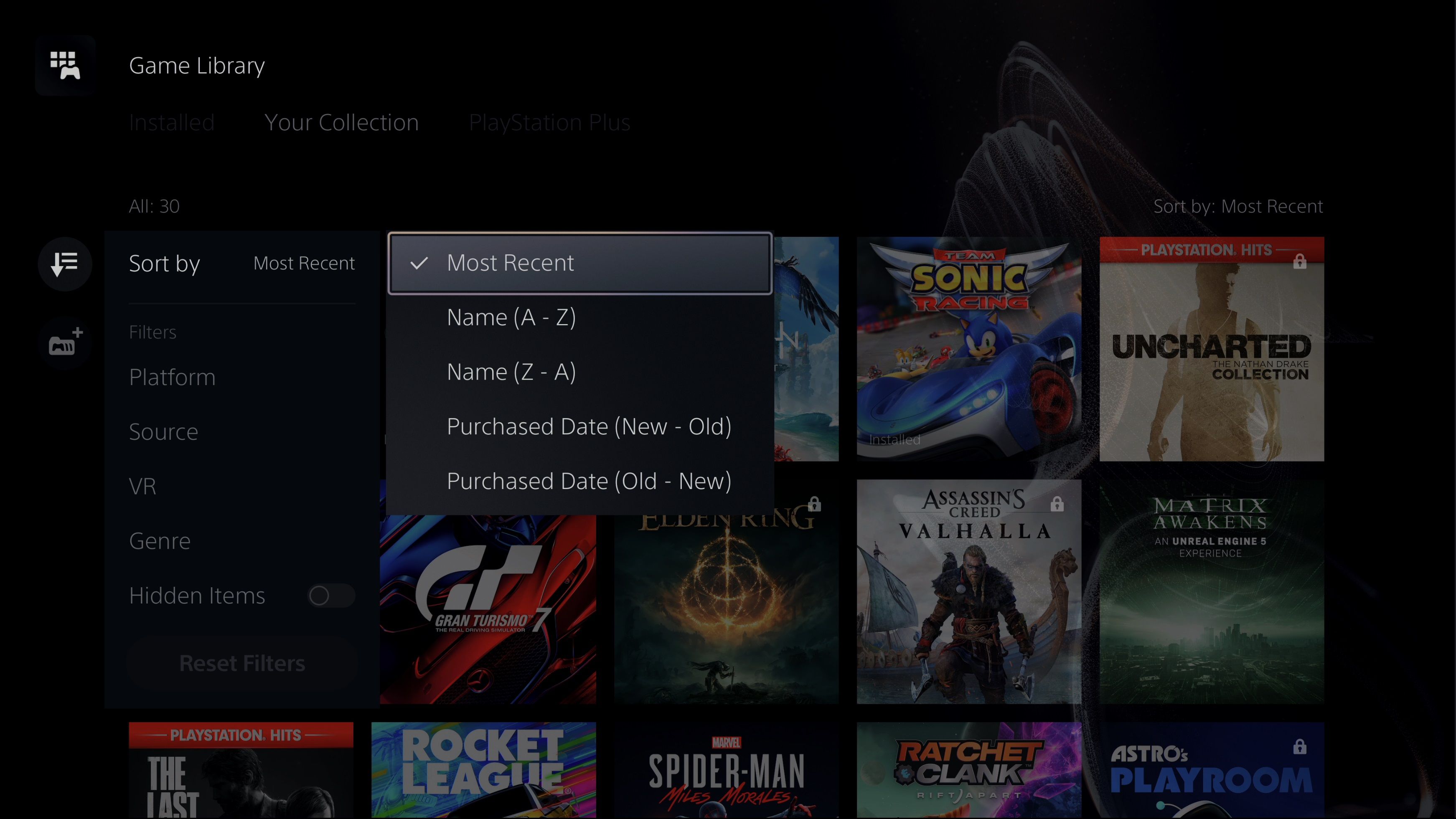 Меню сортировки на PS5