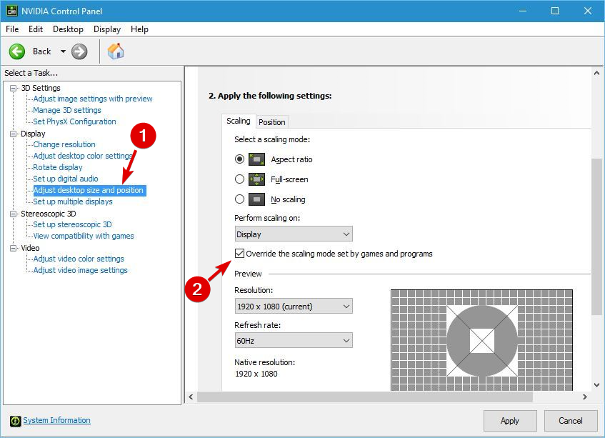 Настройки масштабирования в панели управления Nvidia