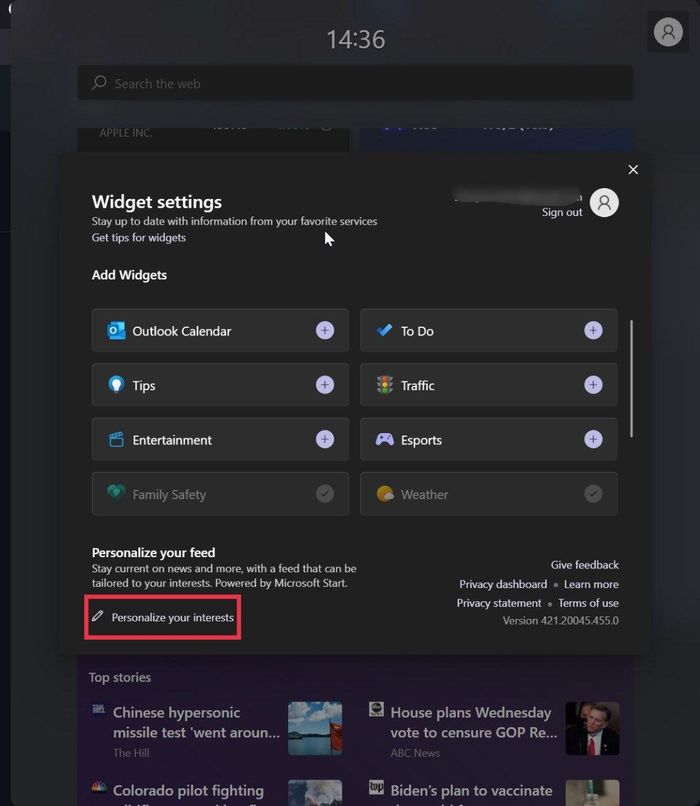 Экран выбора интересов на сайте Microsoft для настройки ленты виджетов