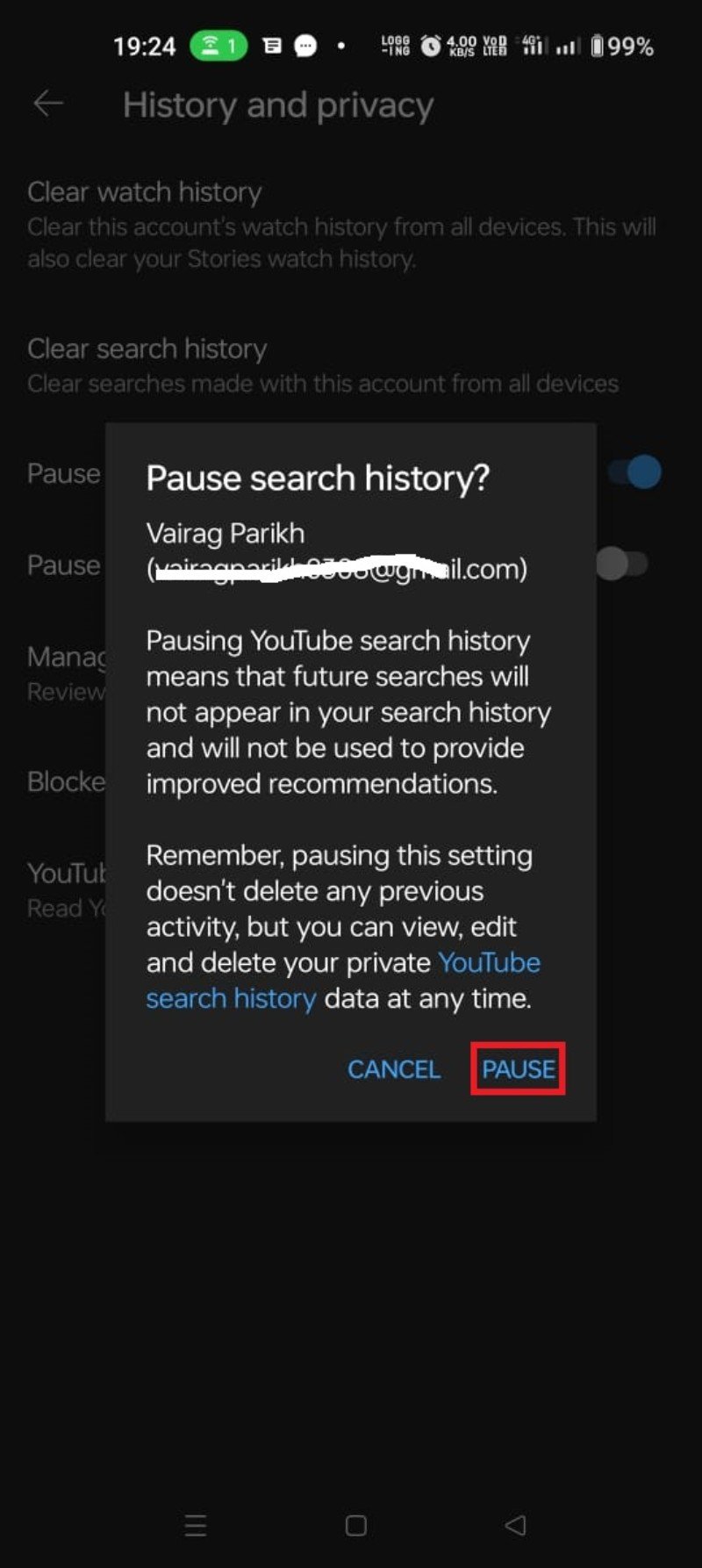 Historique de recherche en pause - écran de confirmation