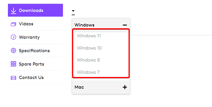 выпадающий список выбора версии и ОС для драйвера Logitech
