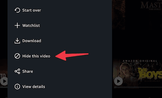 Interfaz de Prime Video en Smart TV mostrando opciones del menú para eliminar un título