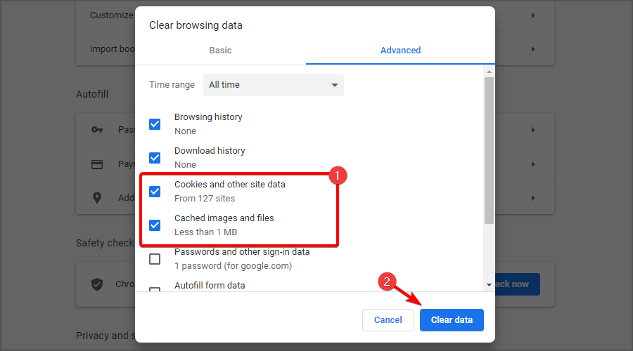 Опции очистки данных: Кэшированные изображения и cookie-файлы