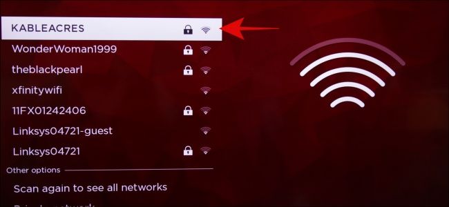 Выбор сети Wi‑Fi на Roku