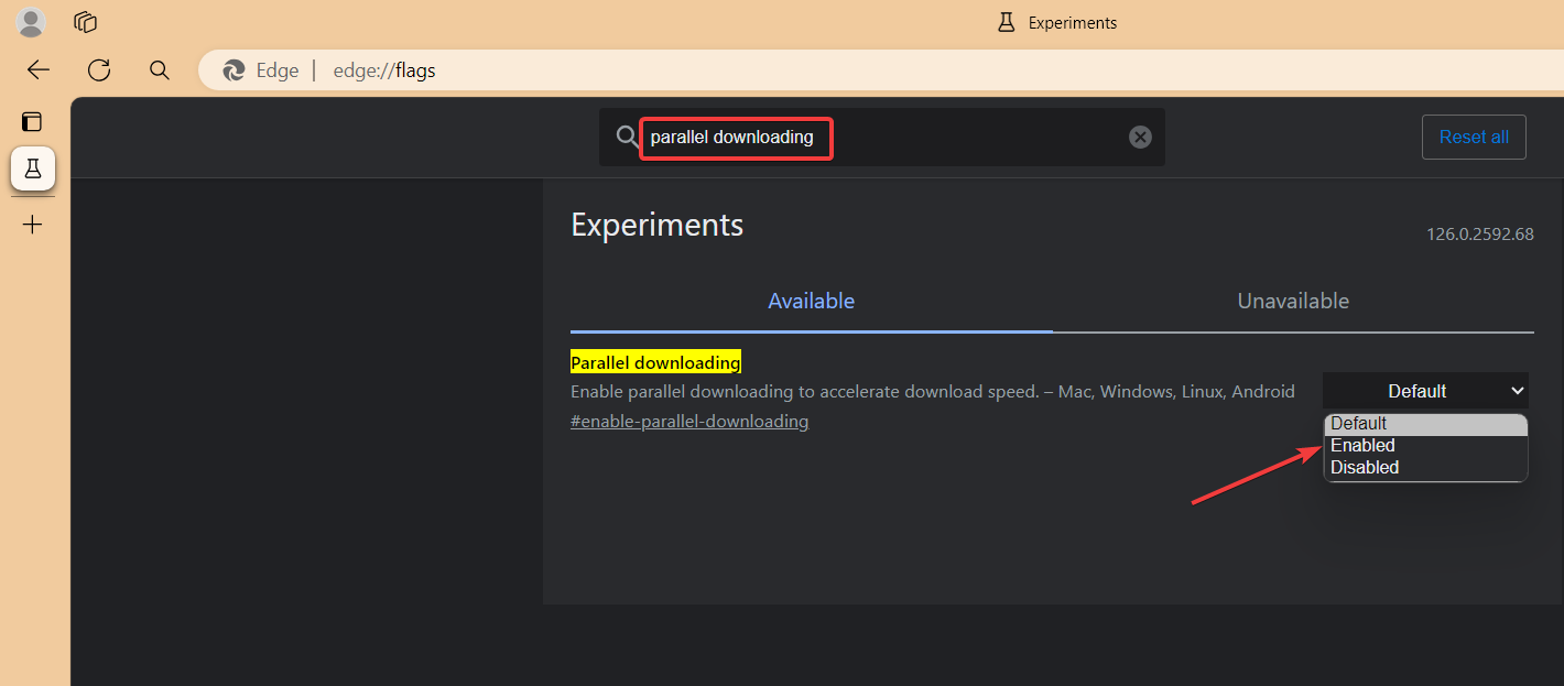 Меню флага Parallel downloading в Edge — выбор Enabled
