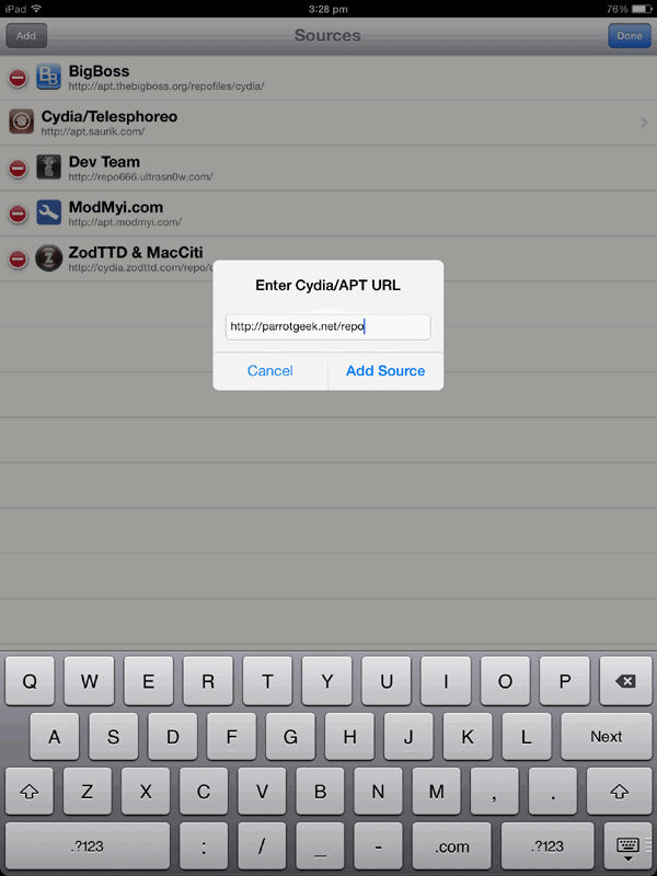 Окно ввода URL репозитория в Cydia