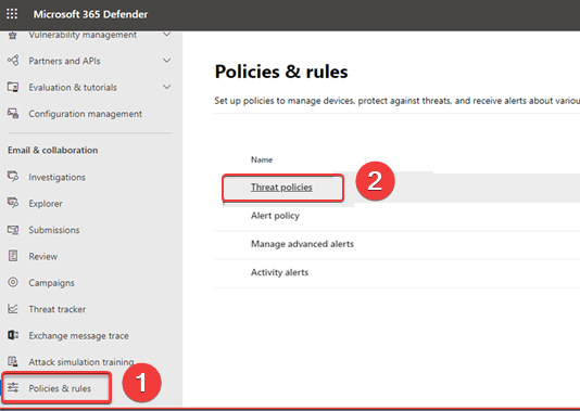 Раздел Политики угроз в Microsoft 365 Defender