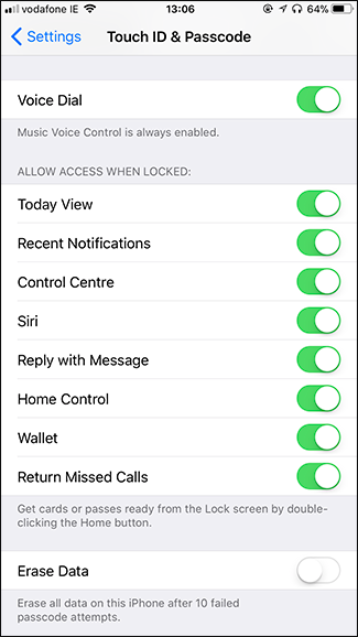 Опции 'Разрешить доступ при блокировке' — все включено