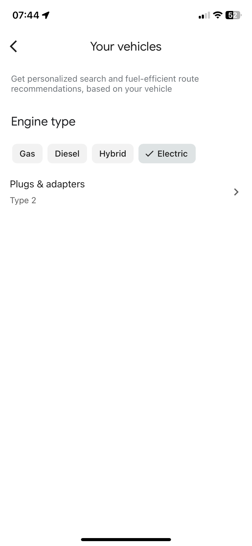 Экран настроек навигации Google Maps с выбором типа автомобиля: выбран электромобиль