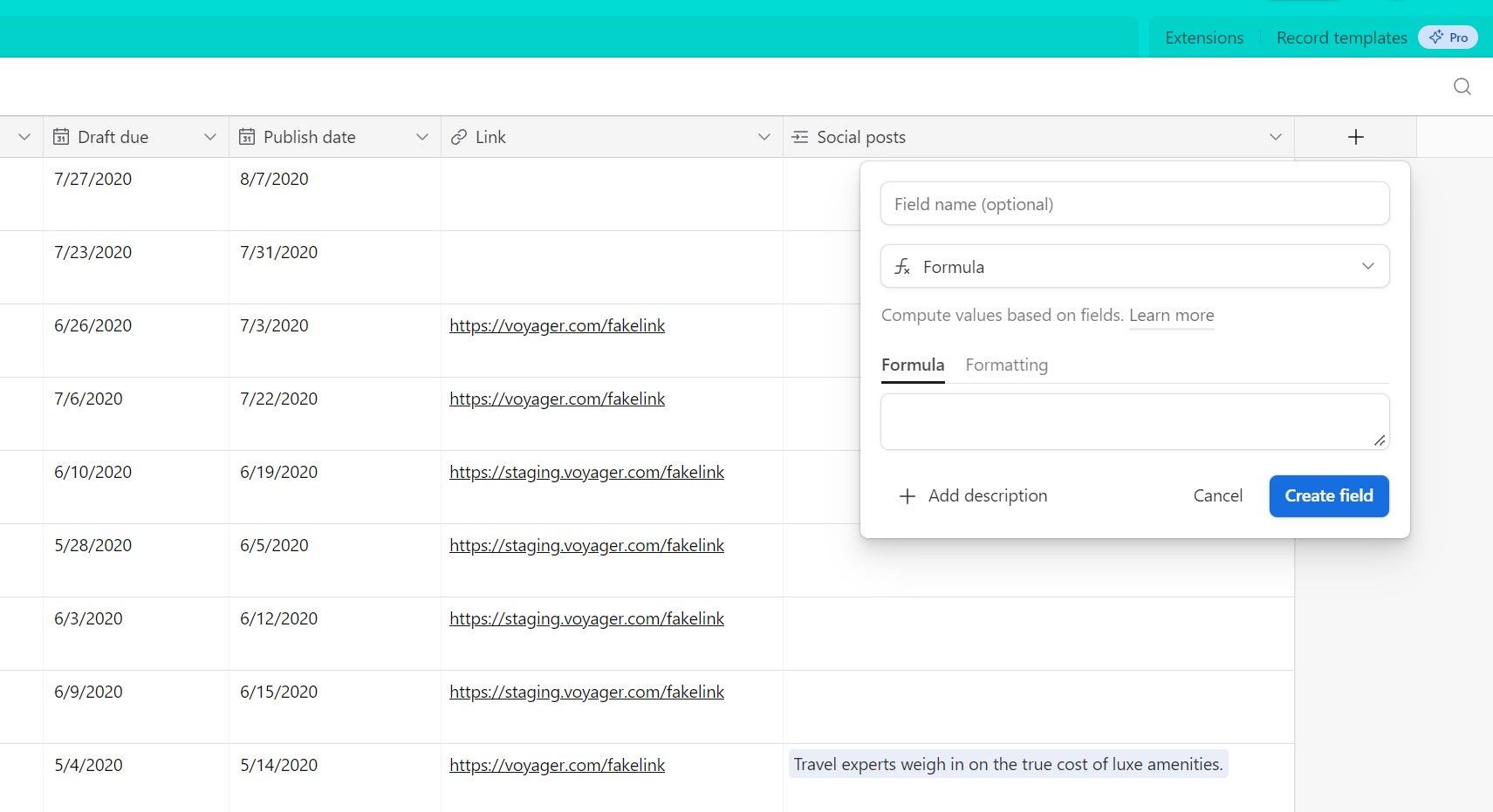 Меню «Редактировать поле» при добавлении поля «Формула» в Airtable.