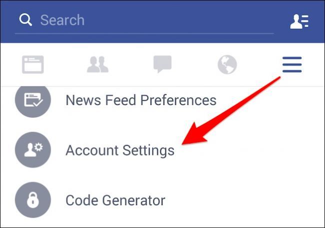 Android: меню приложения Facebook (три линии)