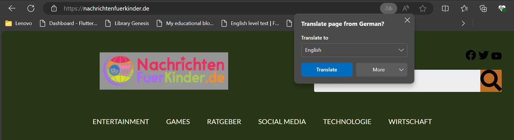 Опции перевода на немецком сайте в Microsoft Edge на десктопе