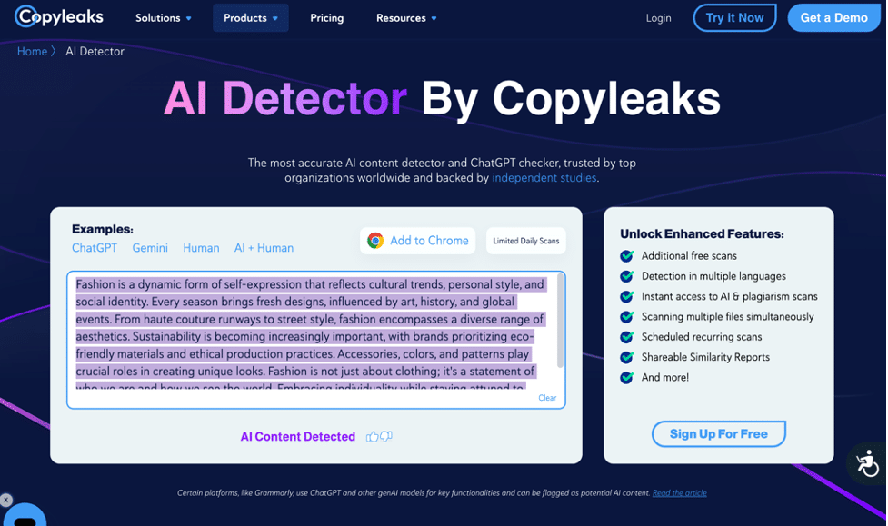 Copyleaks помечает текст как 100% искусственный