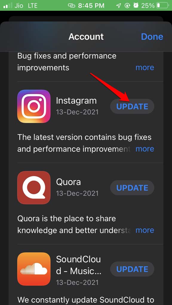 Кнопка «Обновить» для Instagram в App Store