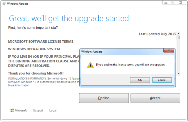 Окно запроса принятия лицензионного соглашения Windows 10 в Windows Update