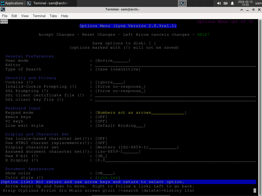 Страница опций в Lynx с несколькими настройками.