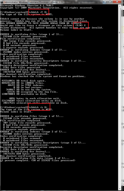 Ferramenta de verificação chkdsk exibindo processo de verificação